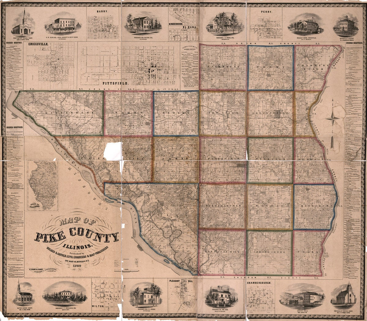 1860 Map of Pike County Illinois Pittsfield