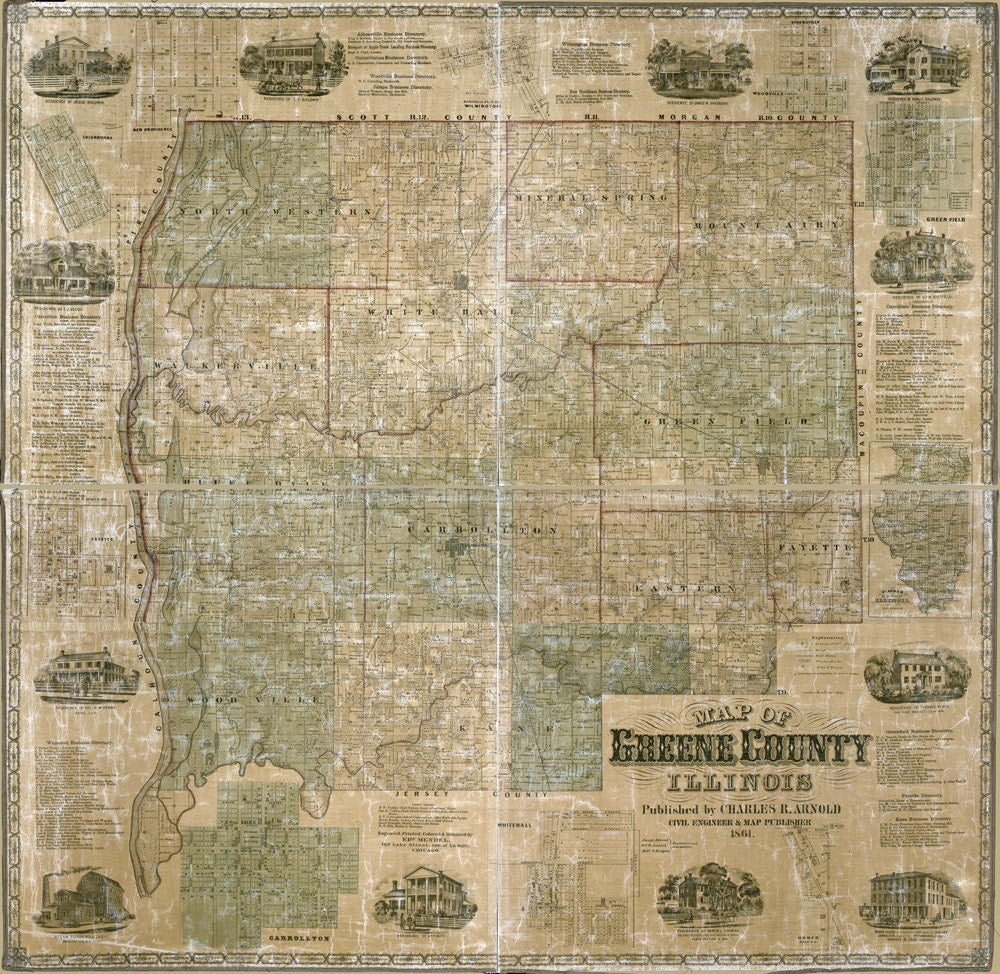 1861 Farm Line Map of Greene County Illinois White Hall