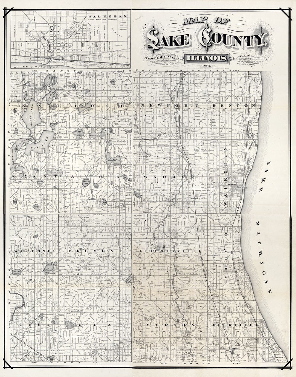 1873 Farm Line Map of Lake County Illinois Waukegan