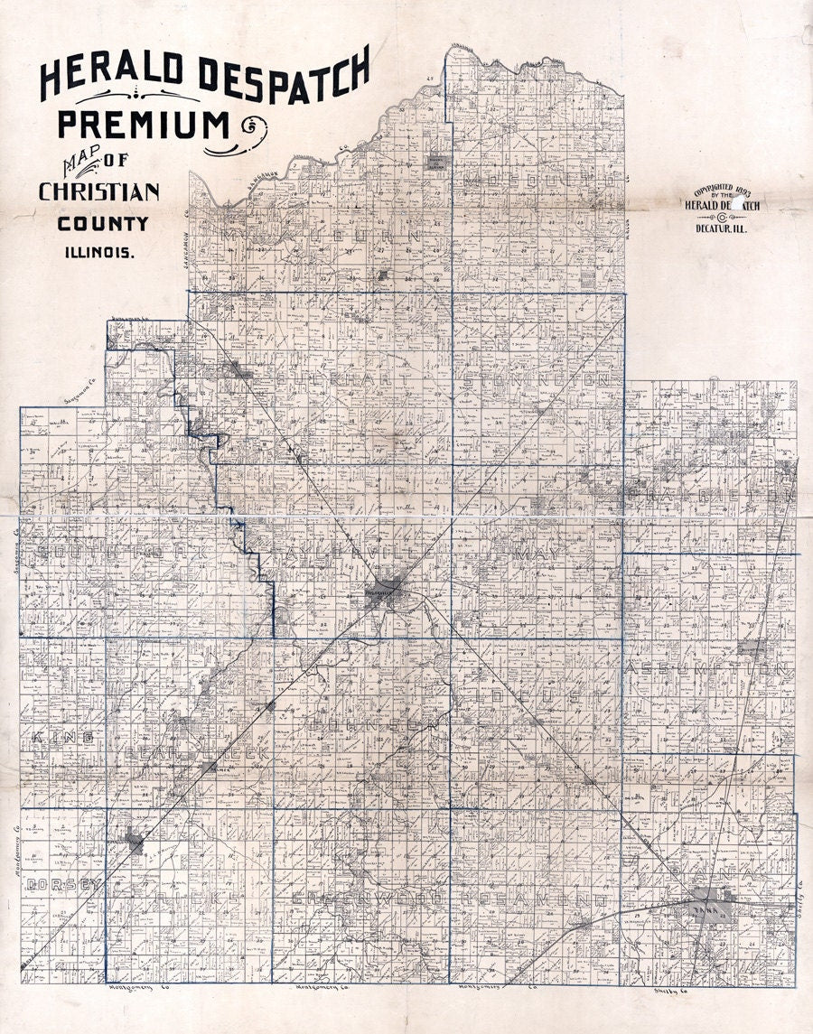 1893 Map of Christian County Illinois Taylorville