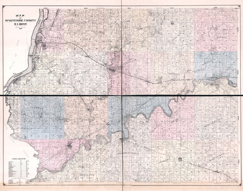 1896 Farm Line Map of Whiteside County Illinois Fulton