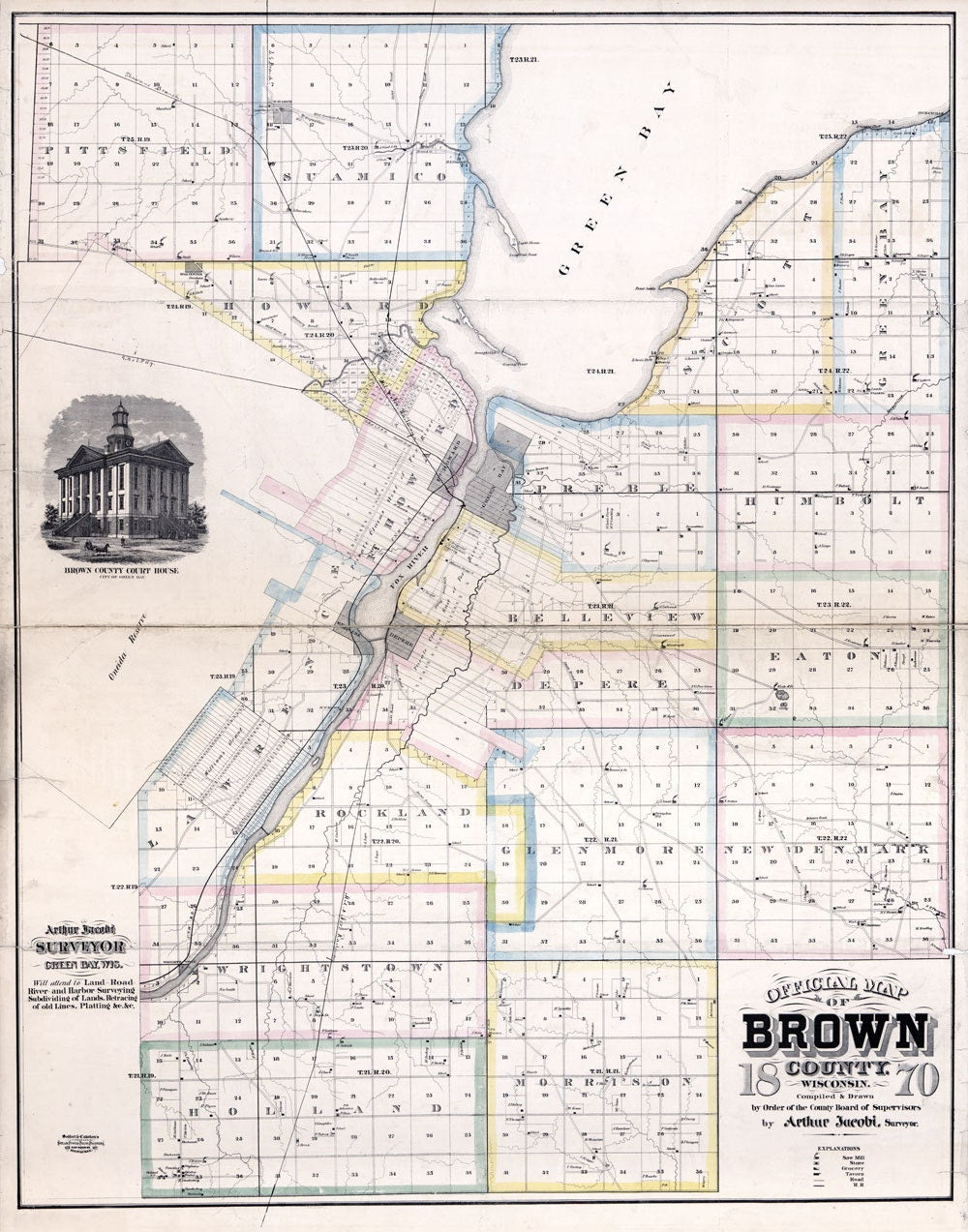 1870 Map of Brown County Wisconsin Green Bay