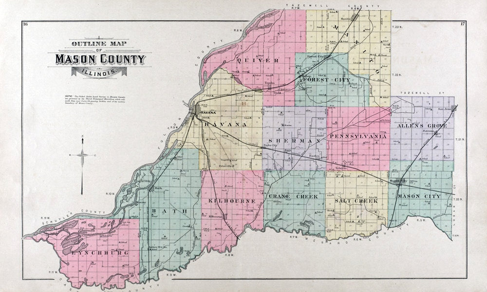 1891 Map of Mason County Illinois Havana