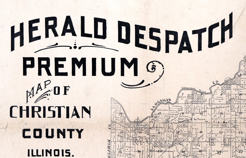 1893 Map of Christian County Illinois Taylorville