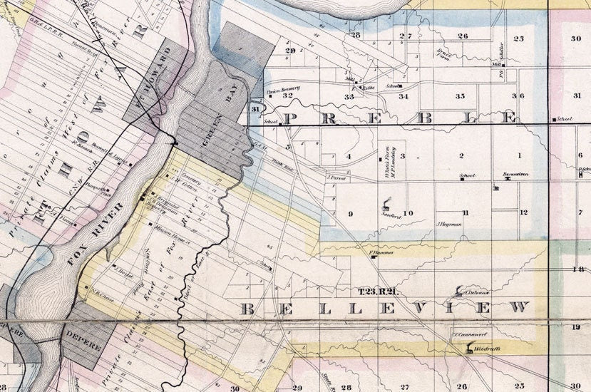 1870 Map of Brown County Wisconsin Green Bay