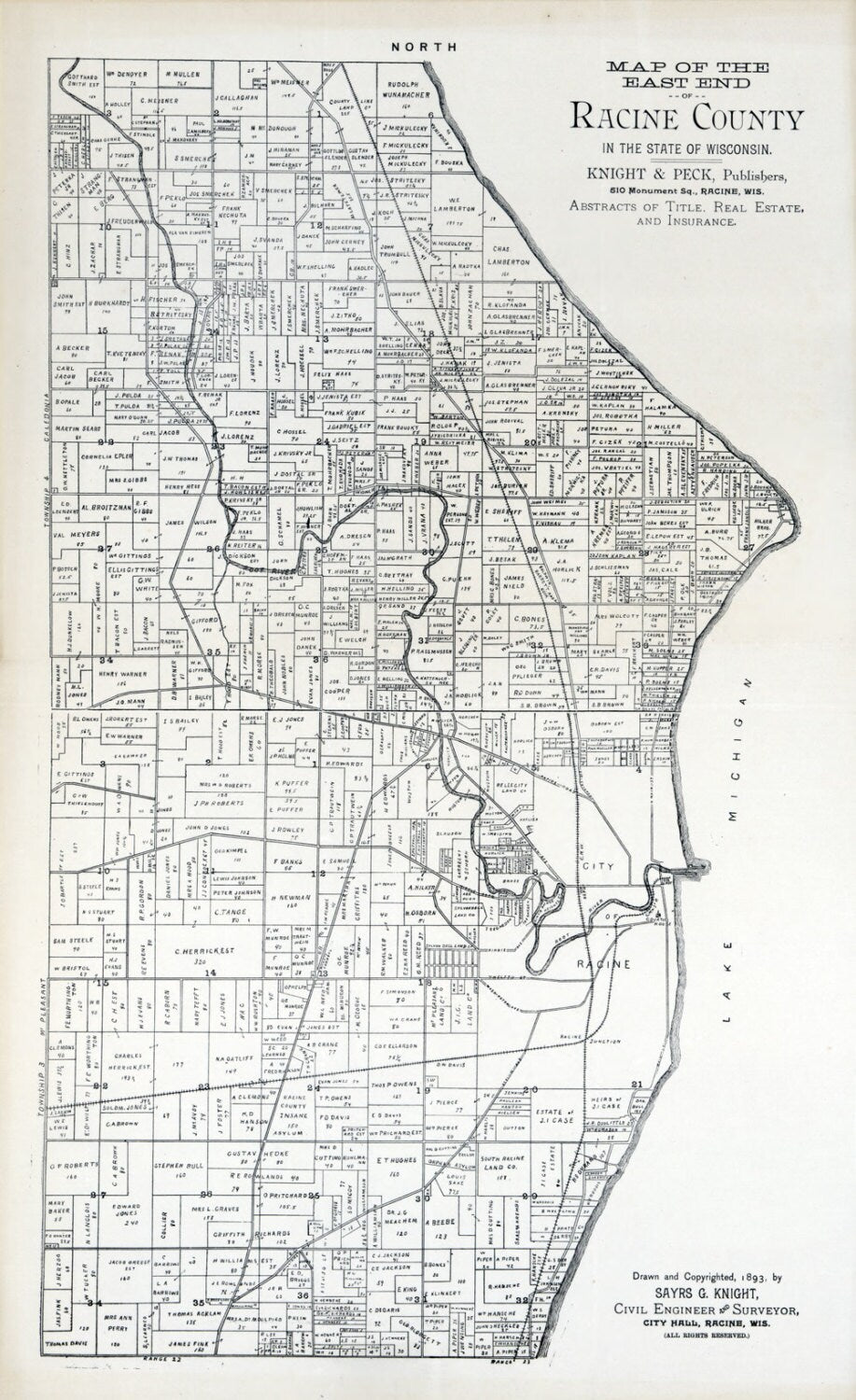 1893 Map of Racine County Wisconsin East Side of County