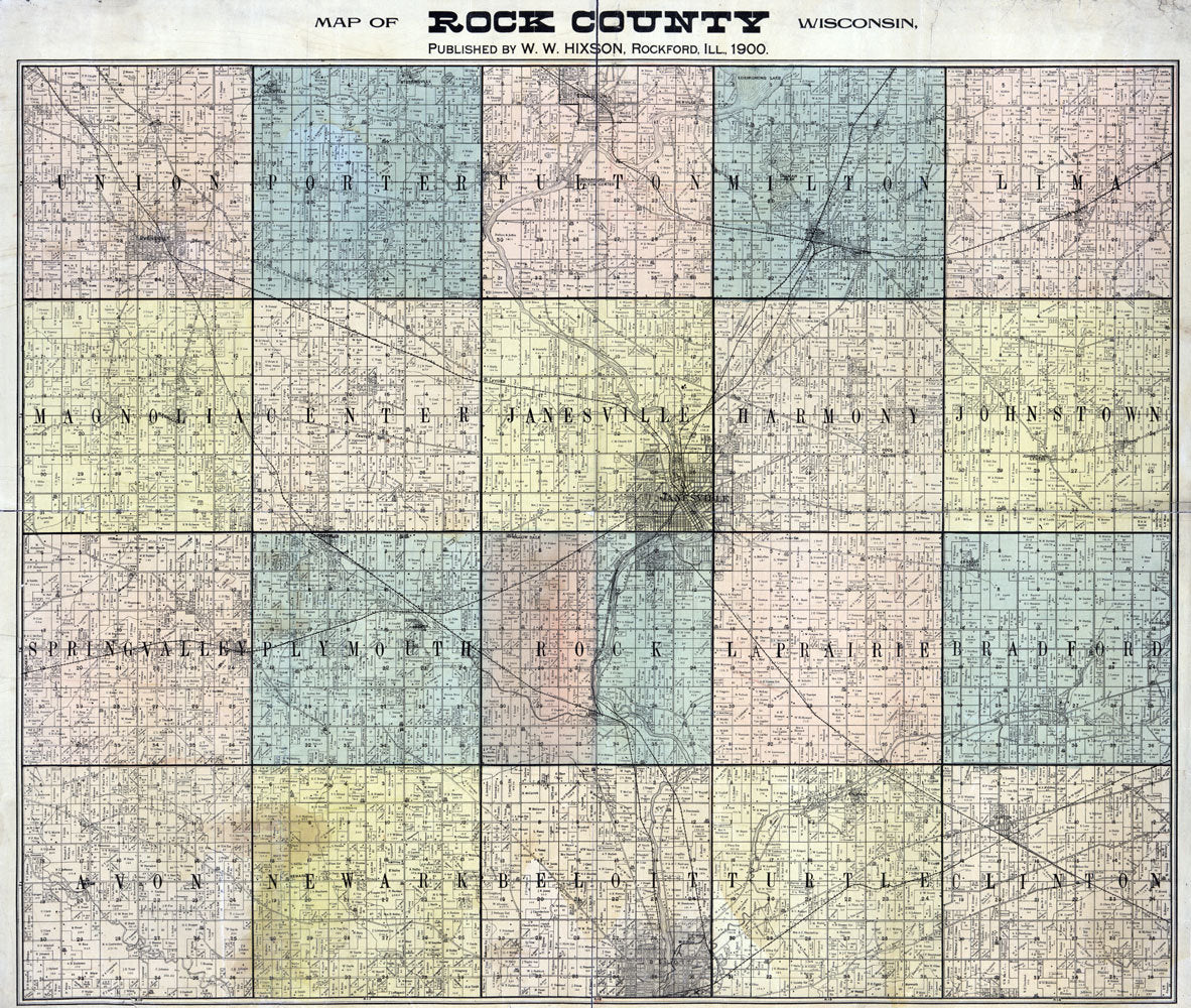1900 Farm Line Map of Rock County Wisconsin Janesville