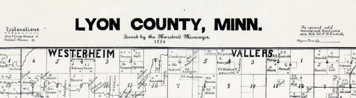 1884 Farm Line Map of Lyon County Minnesota Marshall