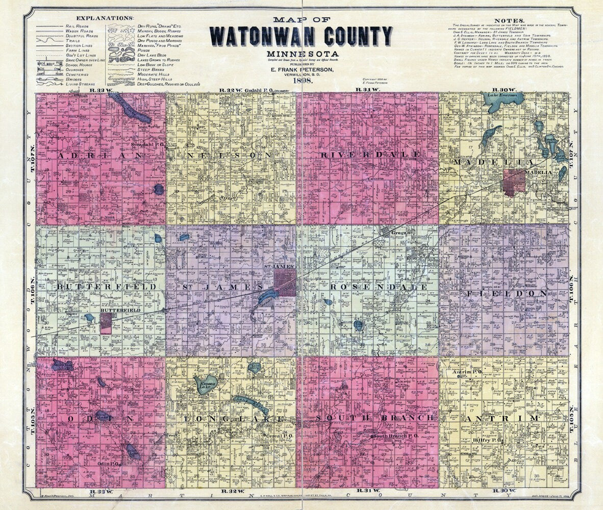 1898 Farm Line Map of Watonwan County Minnesota