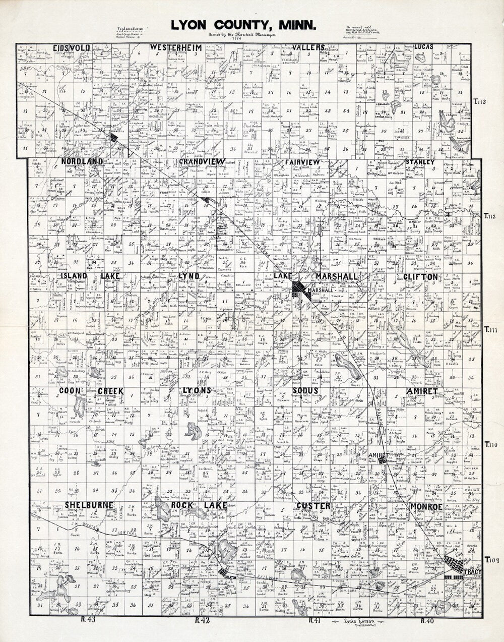 1884 Farm Line Map of Lyon County Minnesota Marshall
