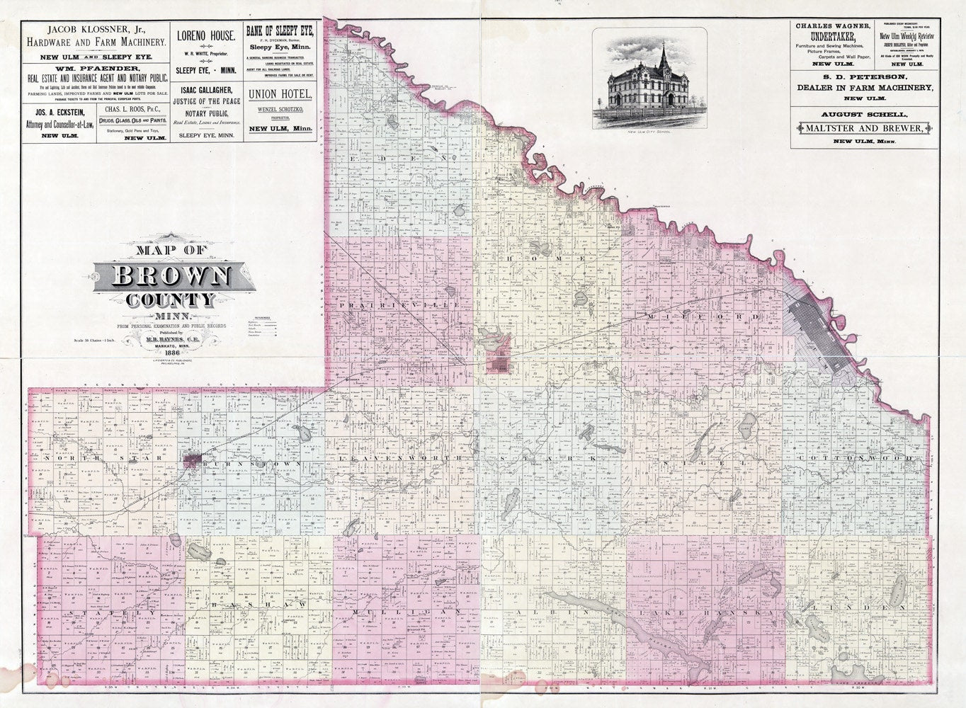1886 Farm Line Map of Brown County Minnesota Sleepy Eye