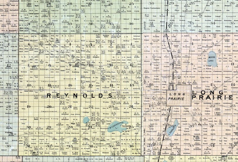 1890 Farm Line Map of Todd County Minnesota Long Prairie