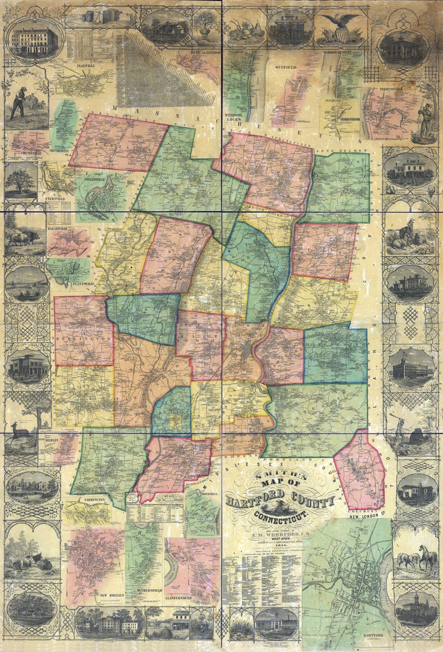1855 Map of Hartford County Connecticut Genealogy