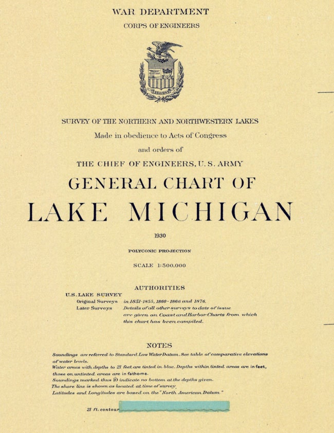1930 Nautical Map of Lake Michigan