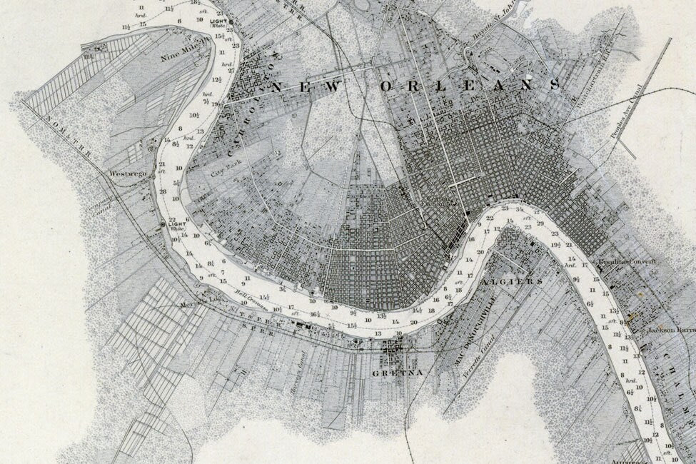 1897 Map of Mississippi River Grand Prairie to New Orleans