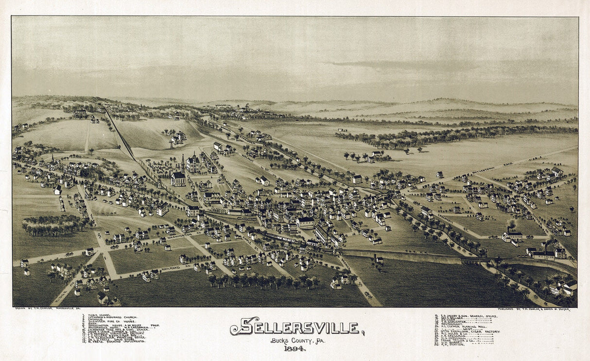 1894 Aerial Map of Sellersville Bucks County Pennsylvania
