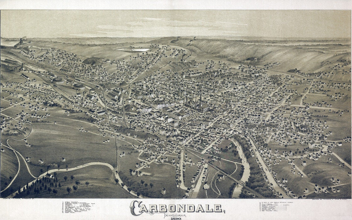 1890 Panoramic Map of Carbondale Pennsylvania