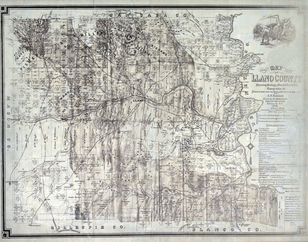 1875 Farm Line Map of Llano County Texas