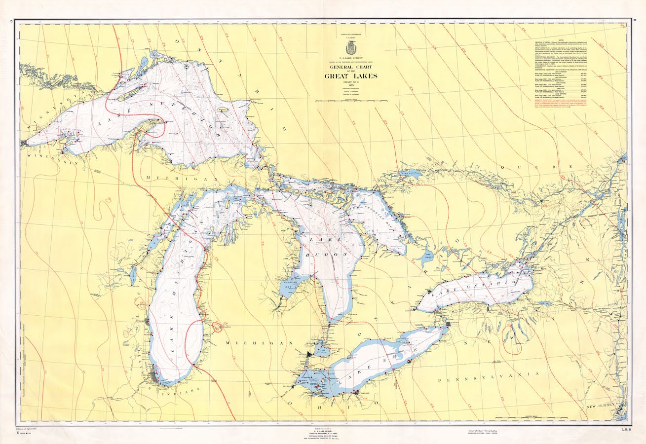 1955 Nautical Map of The Great Lakes