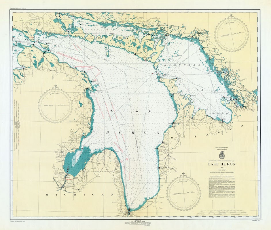 1940 Nautical Map of Lake Huron and Georgian Bay