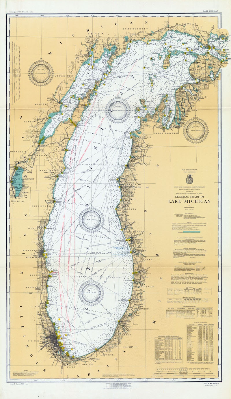 1930 Nautical Map of Lake Michigan