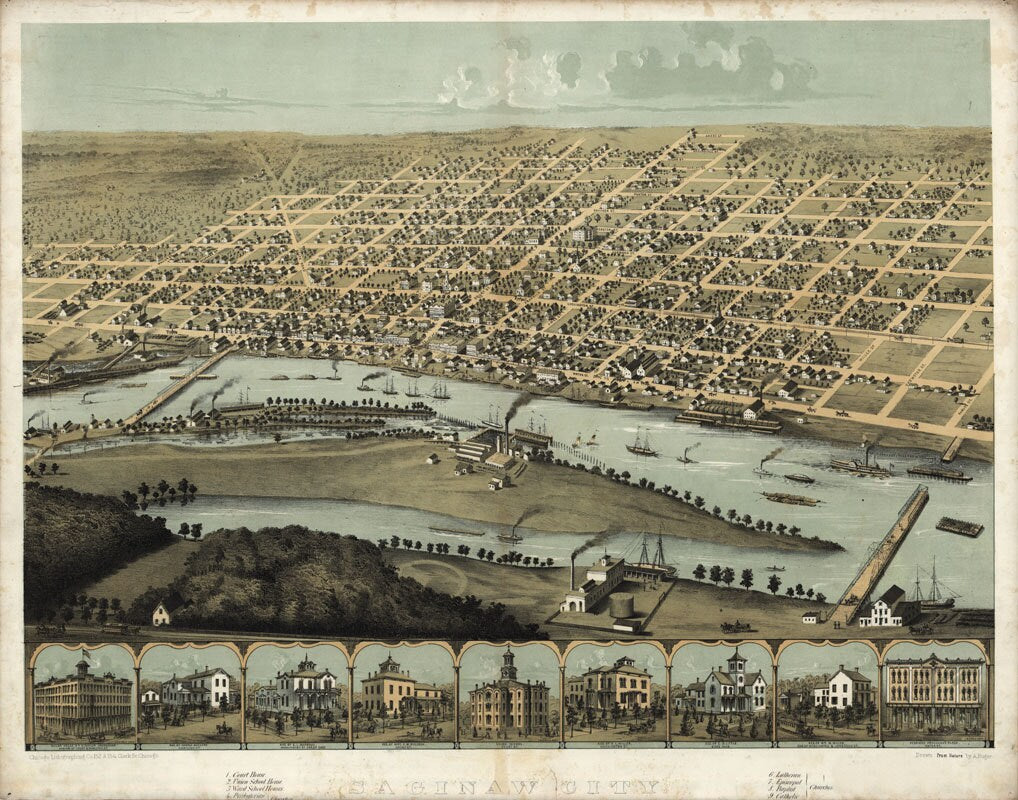1867 Panoramic Map of Saginaw City Michigan
