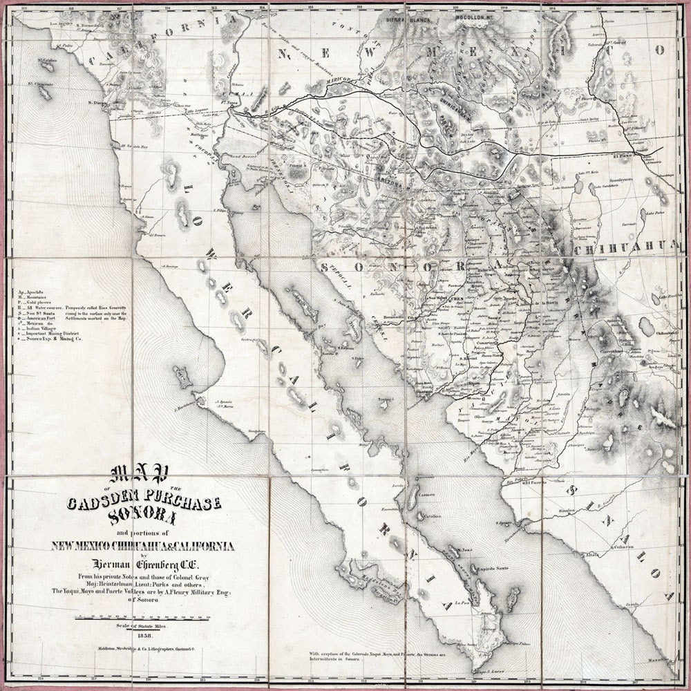 1858 Map of Gadsden Purchase Sonora New Mexico Chihuaua & California