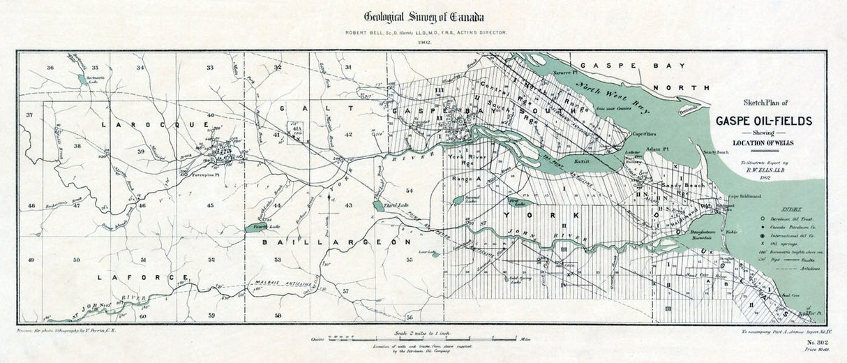 1902 Map of Gaspe Oil Fields Quebec Canada