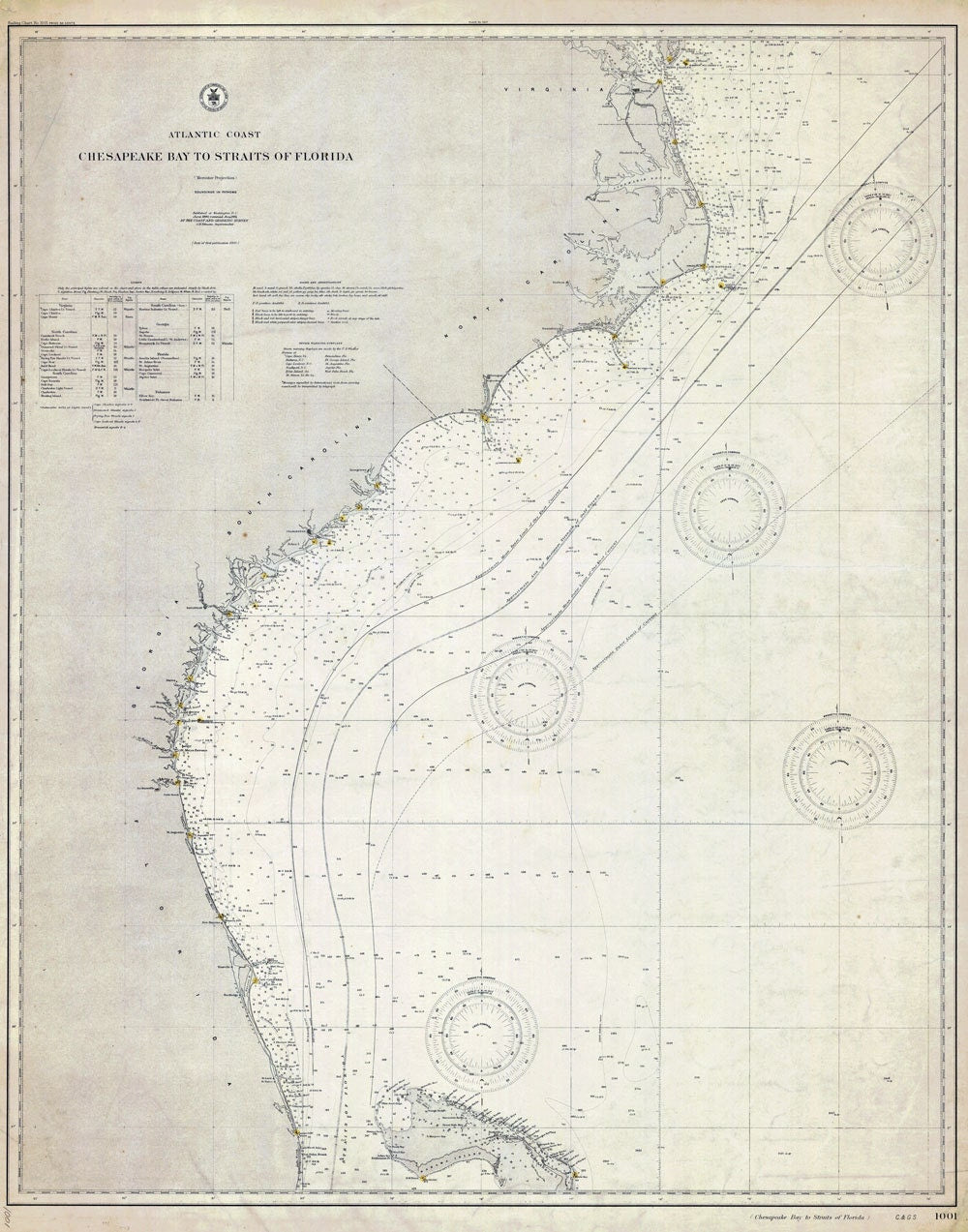 1904 Nautical Map of the Chesapeake Bay to Straits of Florida