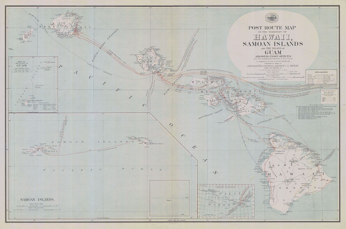 1908 Map of Hawaii Samoan Islands and Island of Guam