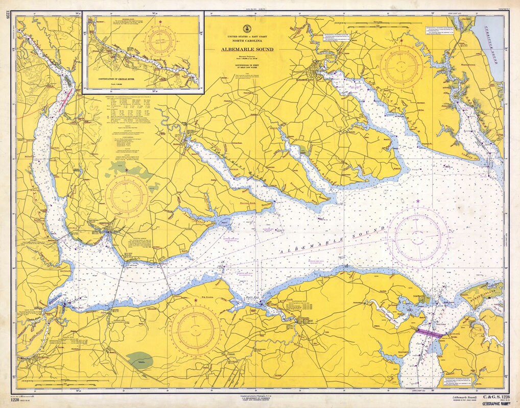 1961 Nautical Map of Albemarle Sound Cape Hatteras NC