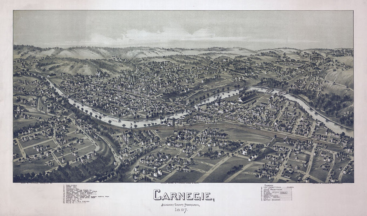 1897 Panoramic Map of Carnegie Allegheny County Pa