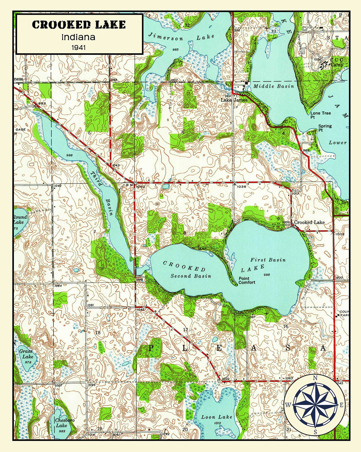 1941 Map of Crooked Lake Indiana