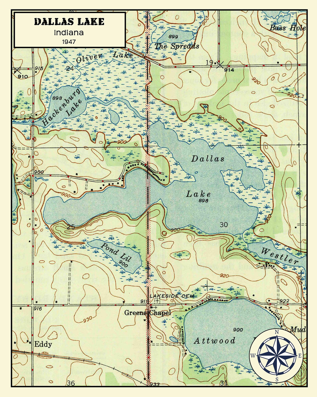 1947 Map of Dallas Lake Indiana