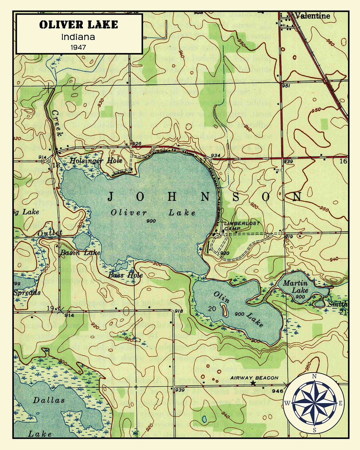 1947 Map of Oliver Lake Indiana