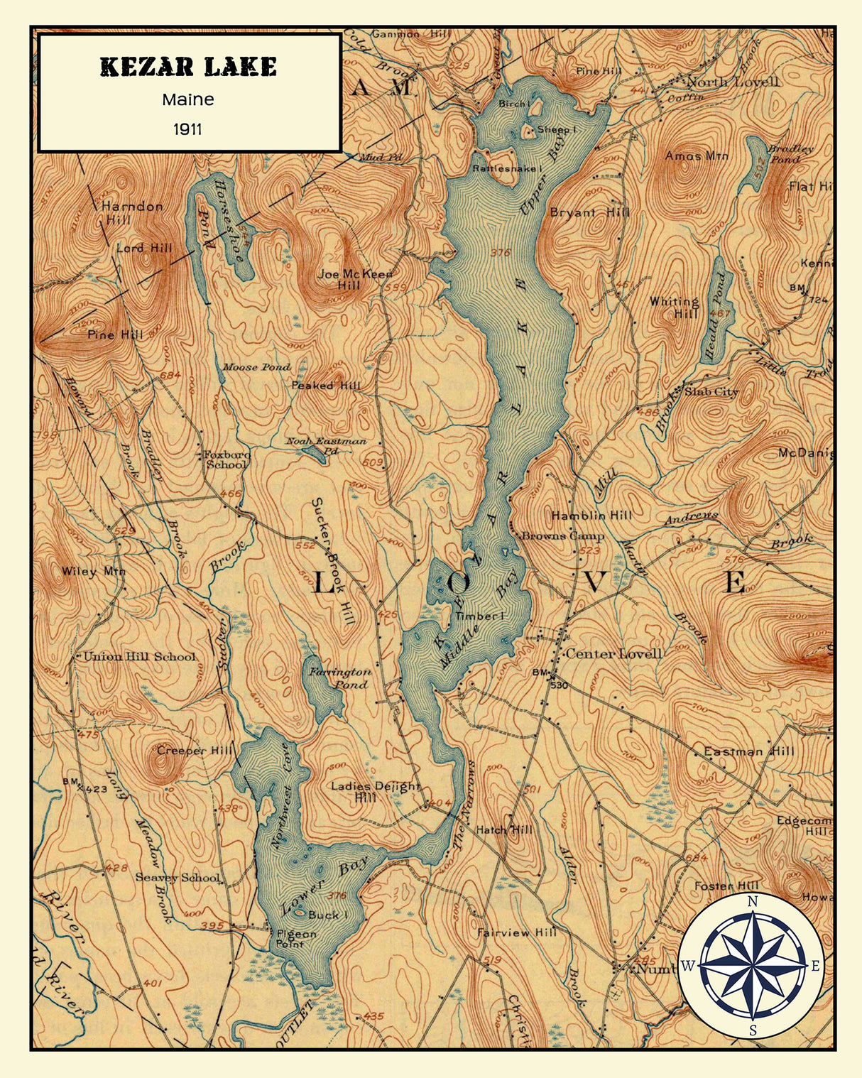 1911 Map of Kezar Lake Lovell and Oxford County Maine