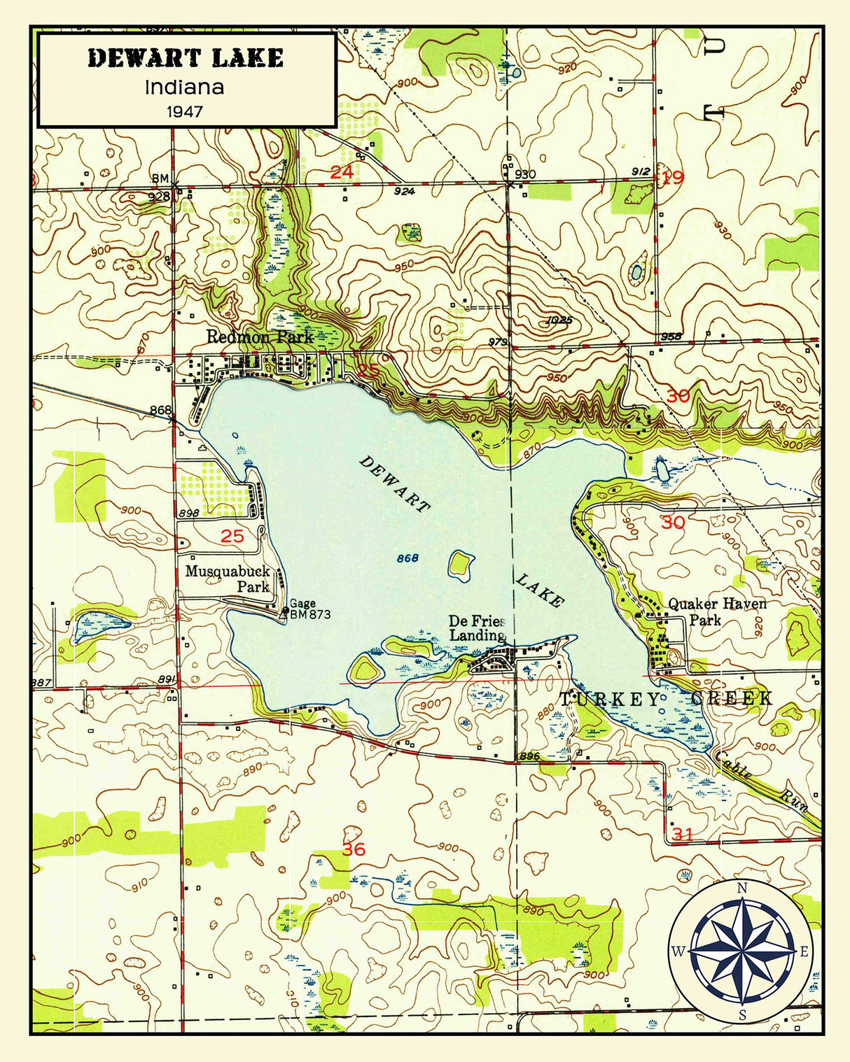 1950 Map of Dewart Lake Indiana