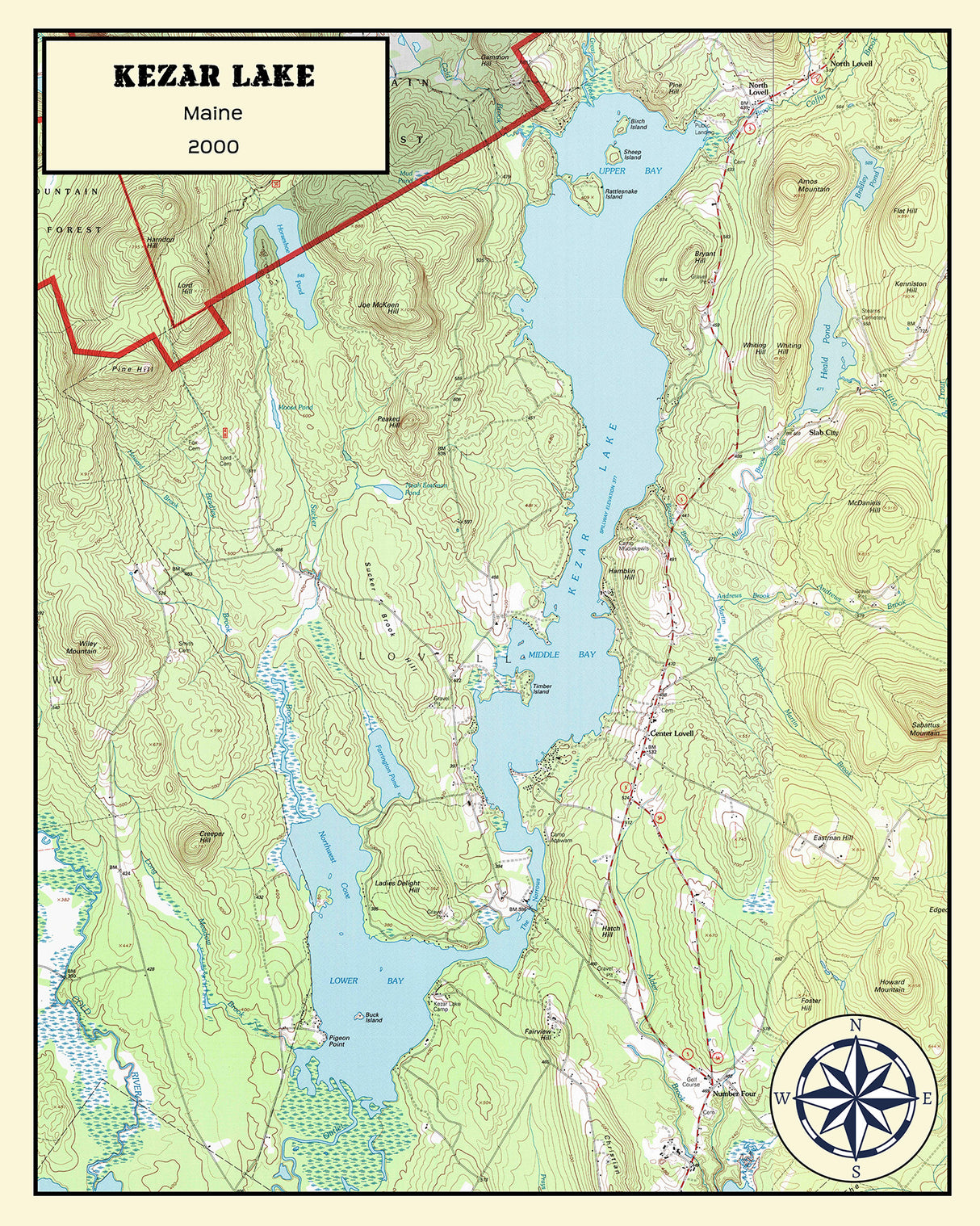 2000 Map of Kezar Lake Lovell and Oxford County Maine