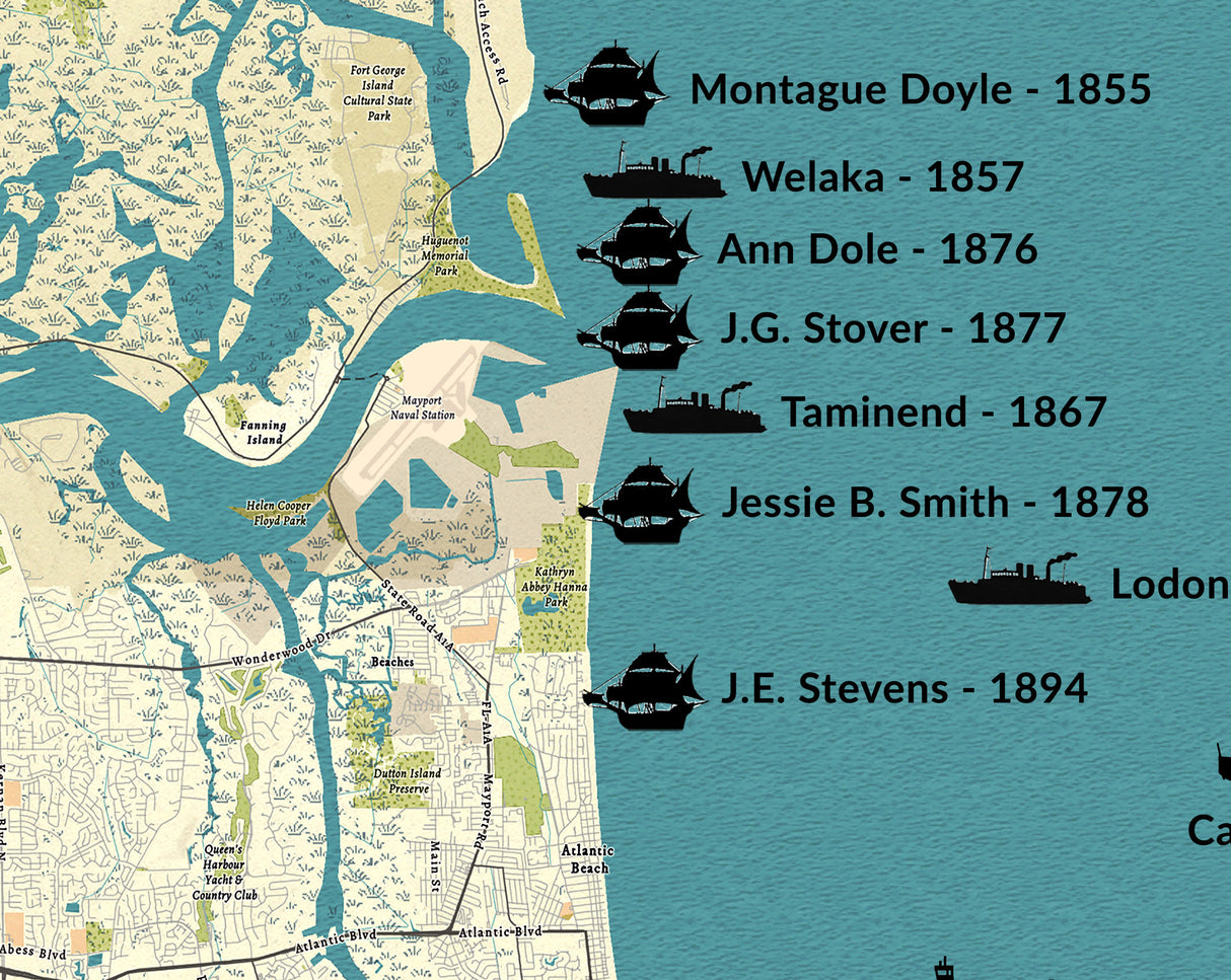 Shipwreck Map of Jacksonville, Florida and the Upper St Johns River