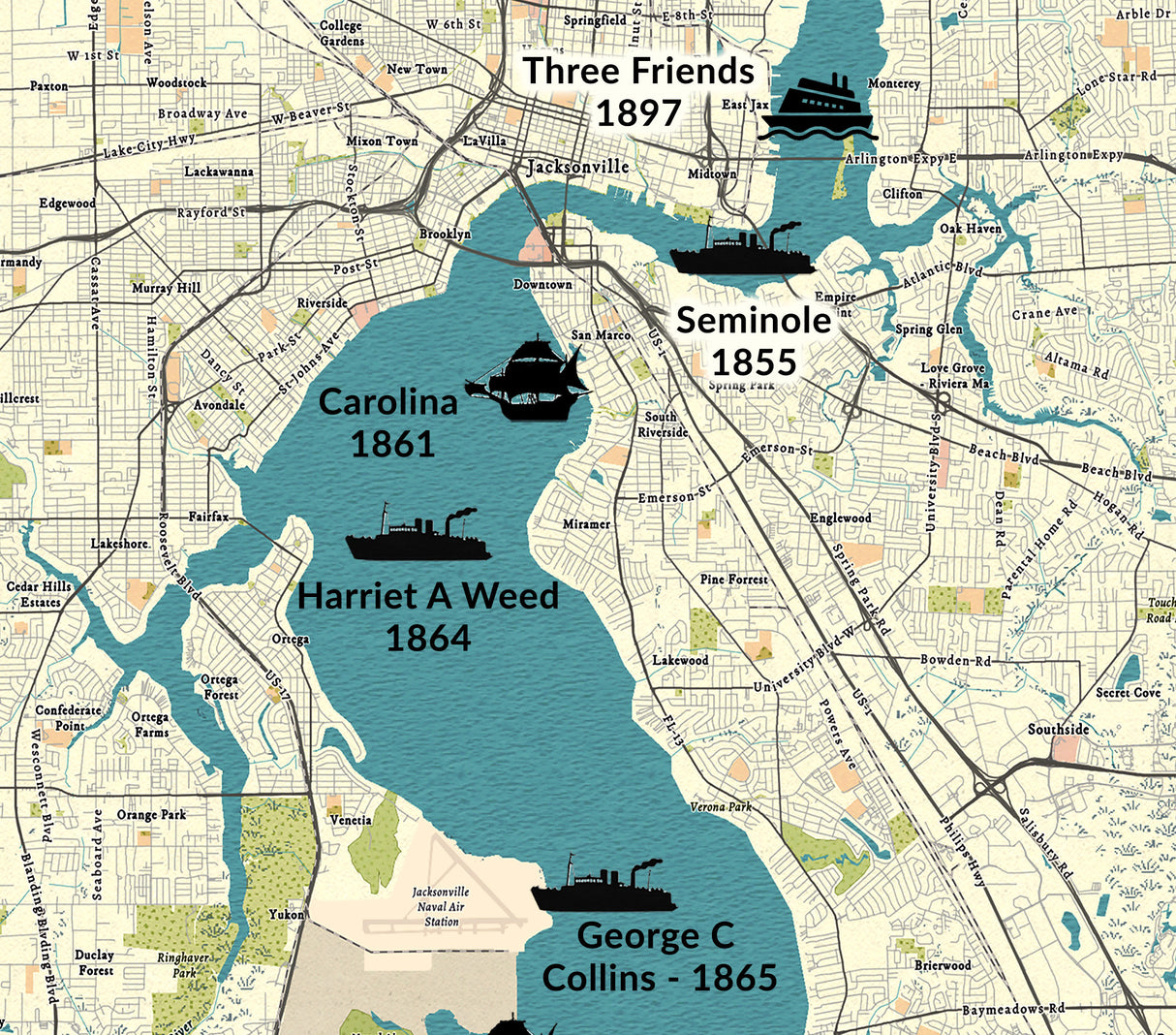 Shipwreck Map of Jacksonville, Florida and the Upper St Johns River