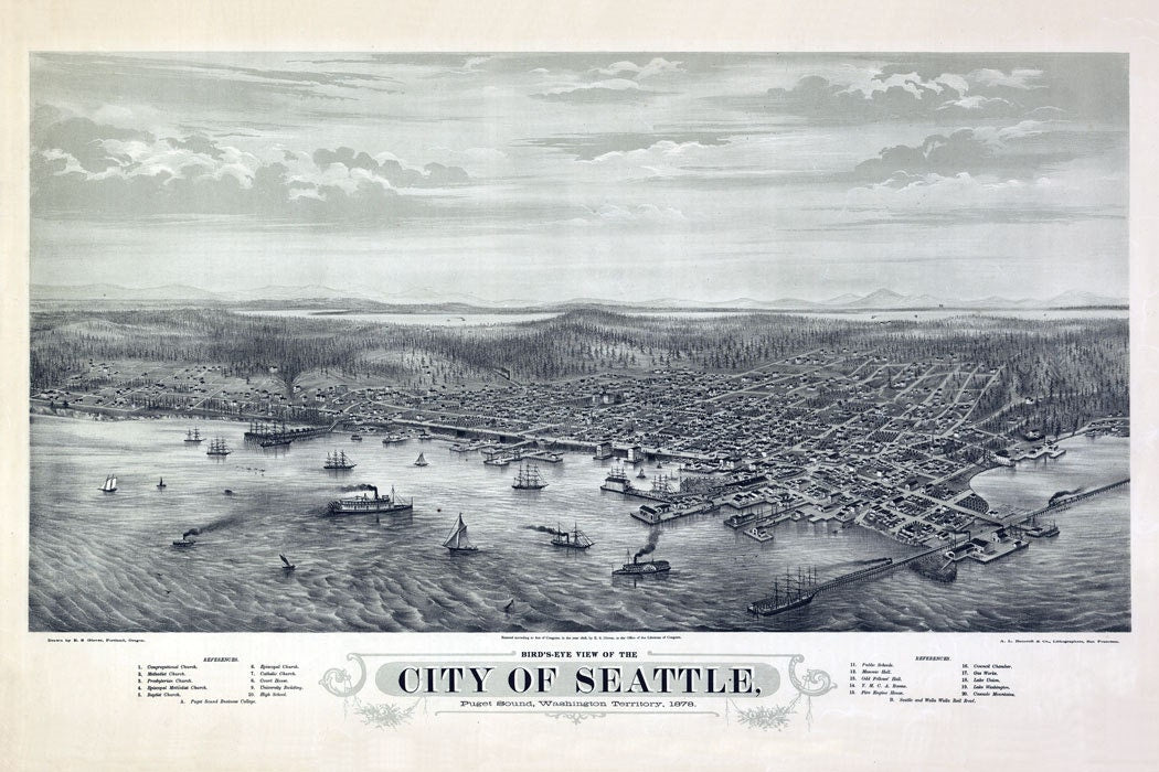 1878 Aerial Panoramic Map of Seattle Puget Sound Washington
