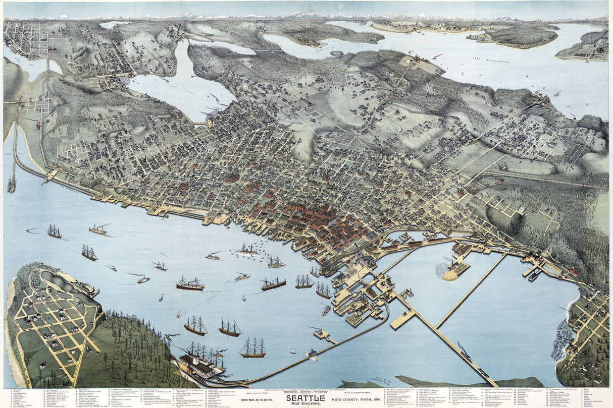 1891 Aerial Panoramic Map of Seattle King County Washington
