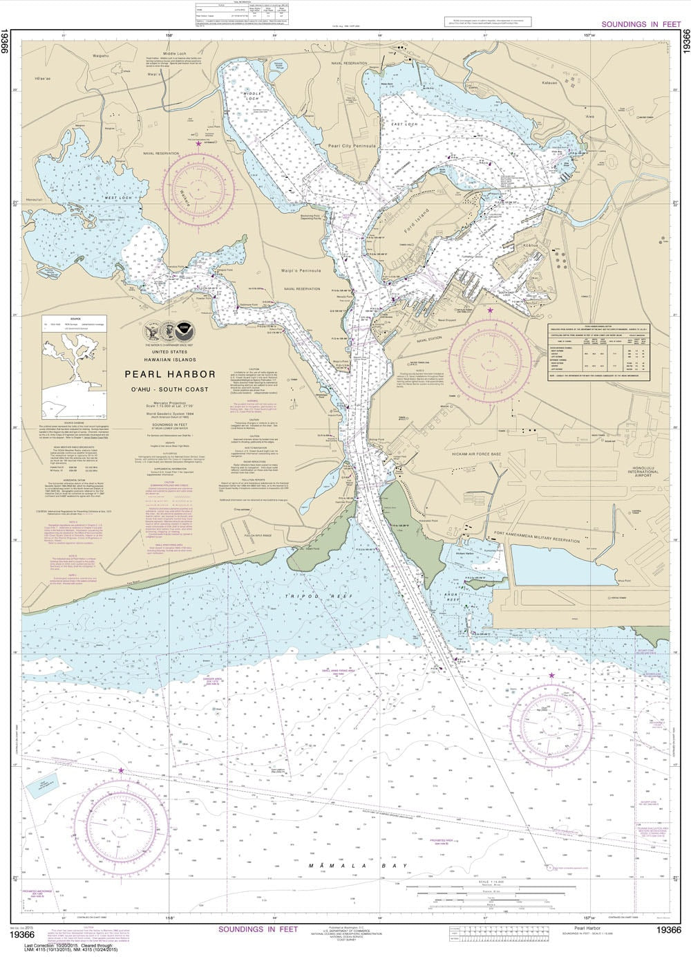 2015 Nautical Map of Pearl Harbor O'ahu South Coast Hawaii