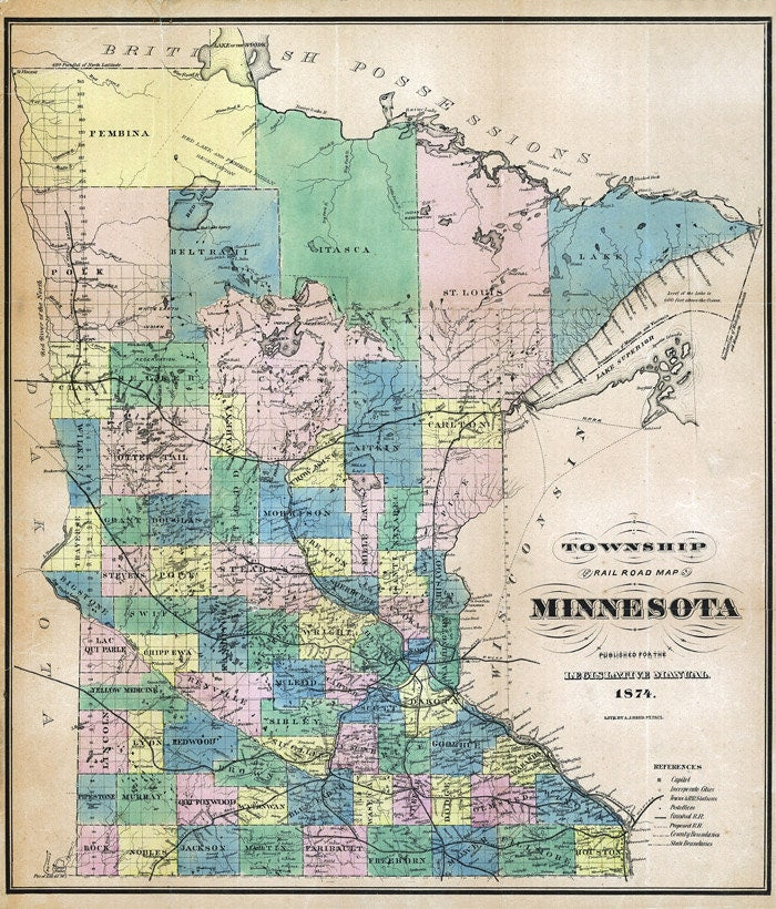 1874 Map of Minnesota Showing Townships & Railroads