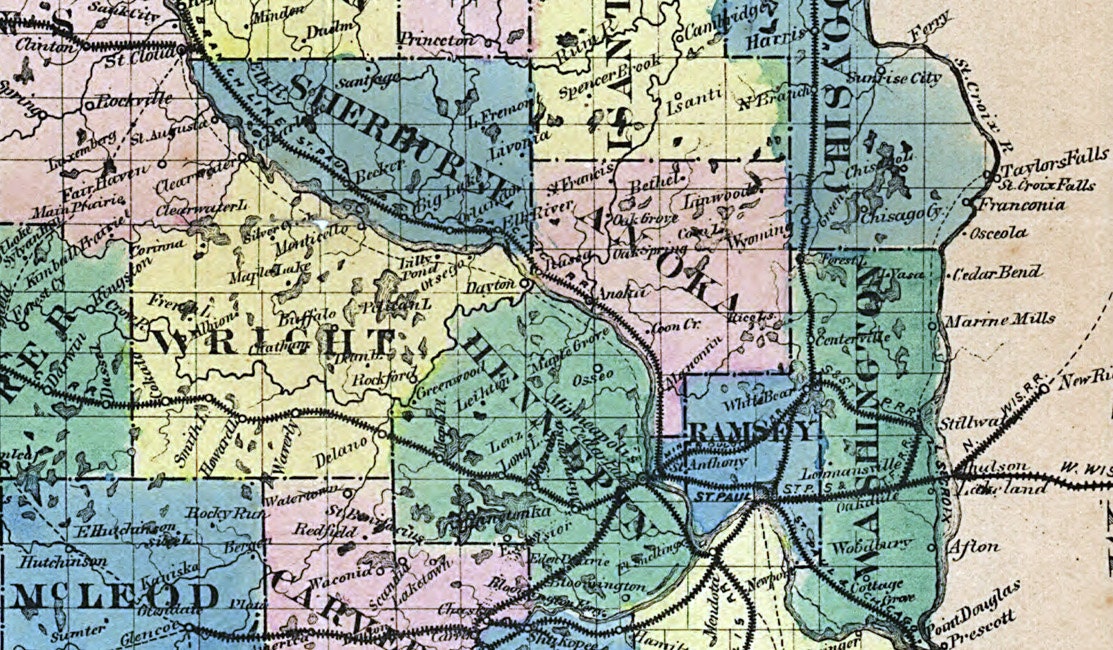 1874 Map of Minnesota Showing Townships & Railroads