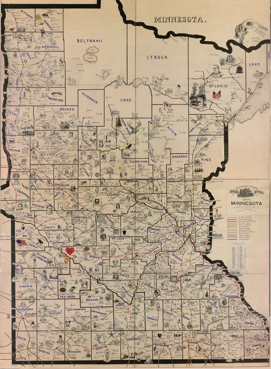 1897 Railway Mail Service Map of Minnesota