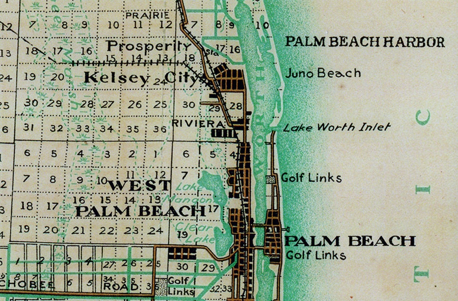 1923 Map of Palm Beach County Florida Lake Okeechobee