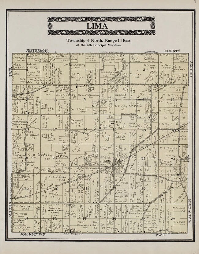 1917 Map of Lima Township Rock County Wisconsin