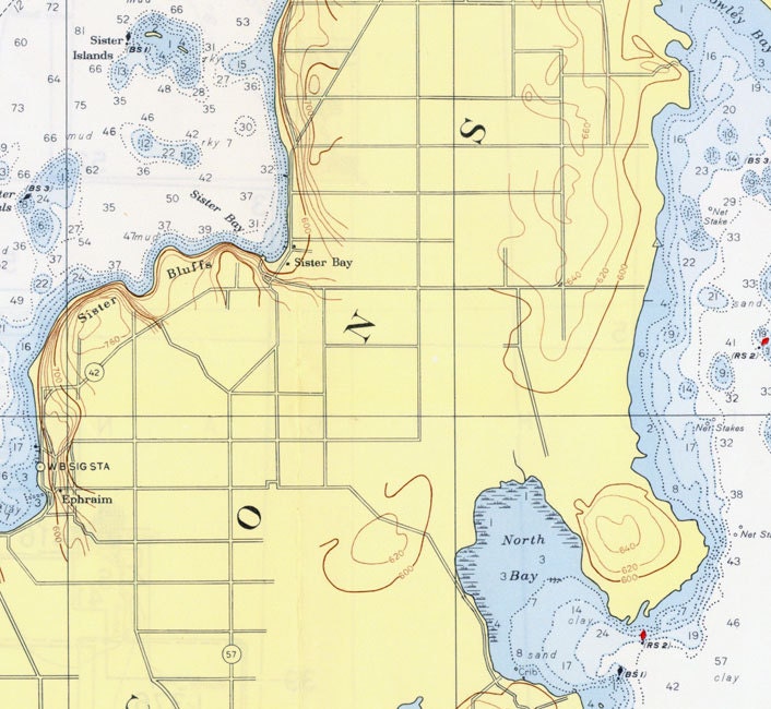 1957 Nautical Map of Green Bay Point Detour to Baileys Harbor Door County Wisconsin