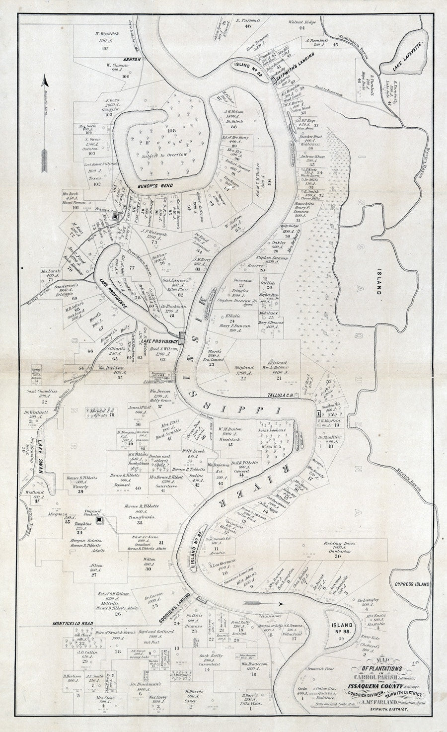 1860 Map of Plantations in Carrol Parish Louisiana and Issaquena County Mississippi